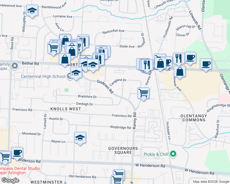 map of restaurants, bars, coffee shops, grocery stores, and more near 1227 Cheviot Court in Columbus