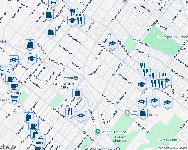 map of restaurants, bars, coffee shops, grocery stores, and more near 616 East Phil Ellena Street in Philadelphia