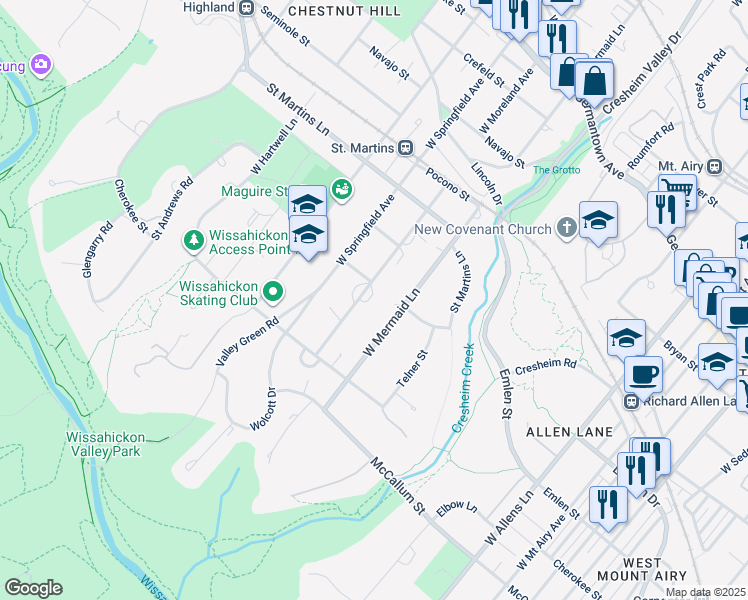 map of restaurants, bars, coffee shops, grocery stores, and more near 500 West Moreland Avenue in Philadelphia