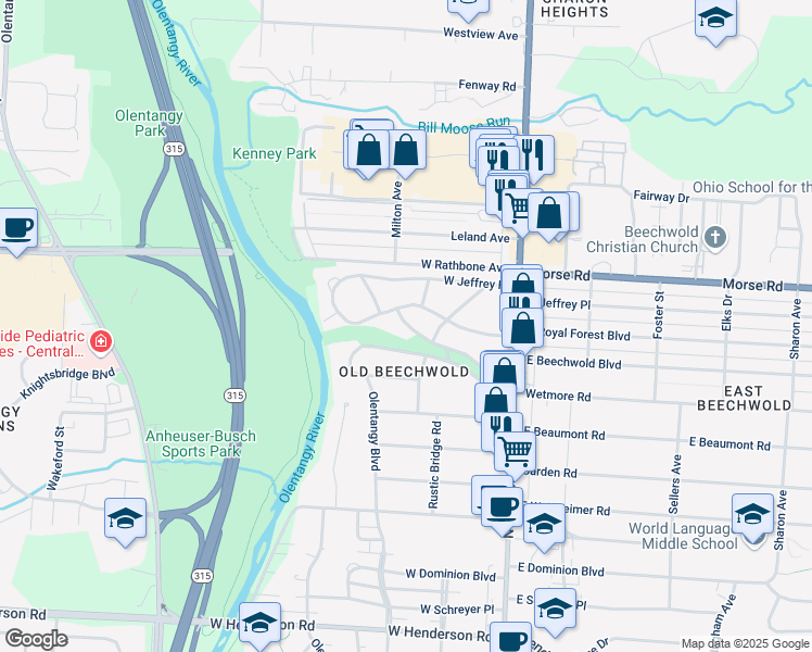 map of restaurants, bars, coffee shops, grocery stores, and more near 134 West Beechwold Boulevard in Columbus