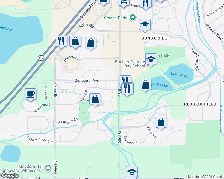 map of restaurants, bars, coffee shops, grocery stores, and more near 6200 Habitat Drive in Boulder