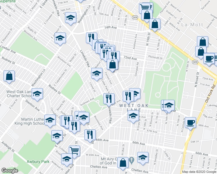 map of restaurants, bars, coffee shops, grocery stores, and more near 7007 Cedar Park Avenue in Philadelphia