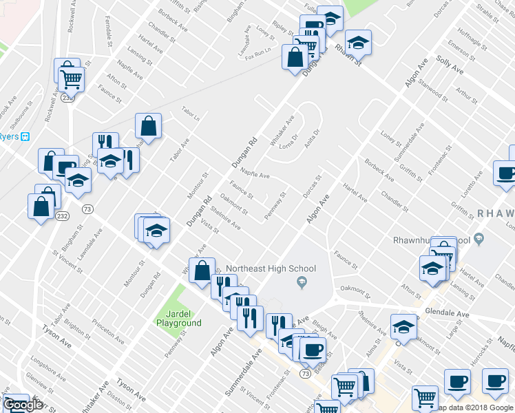 map of restaurants, bars, coffee shops, grocery stores, and more near 1422 Faunce Street in Philadelphia