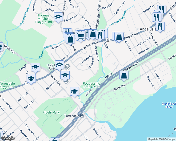 map of restaurants, bars, coffee shops, grocery stores, and more near 4258 Carteret Drive in Philadelphia