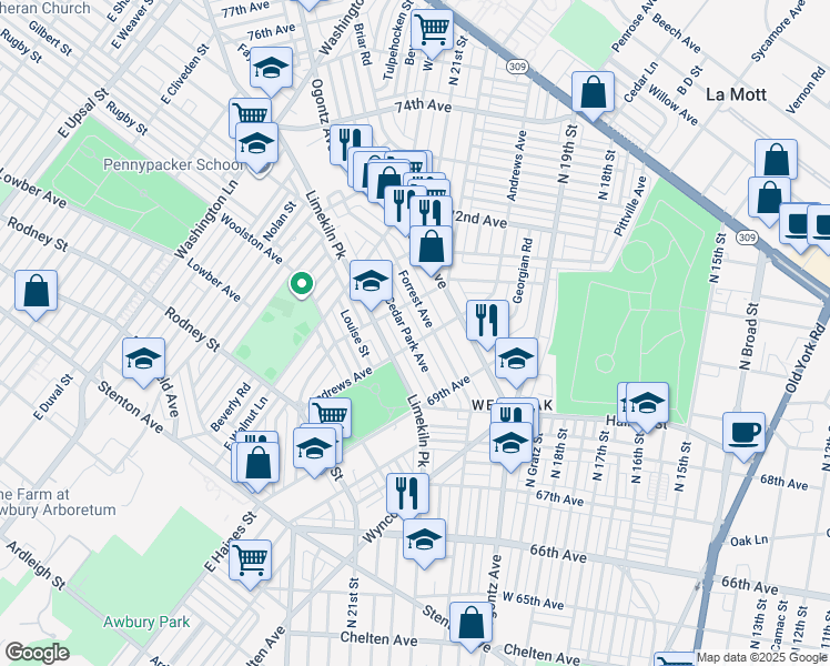 map of restaurants, bars, coffee shops, grocery stores, and more near 7007 Cedar Park Avenue in Philadelphia