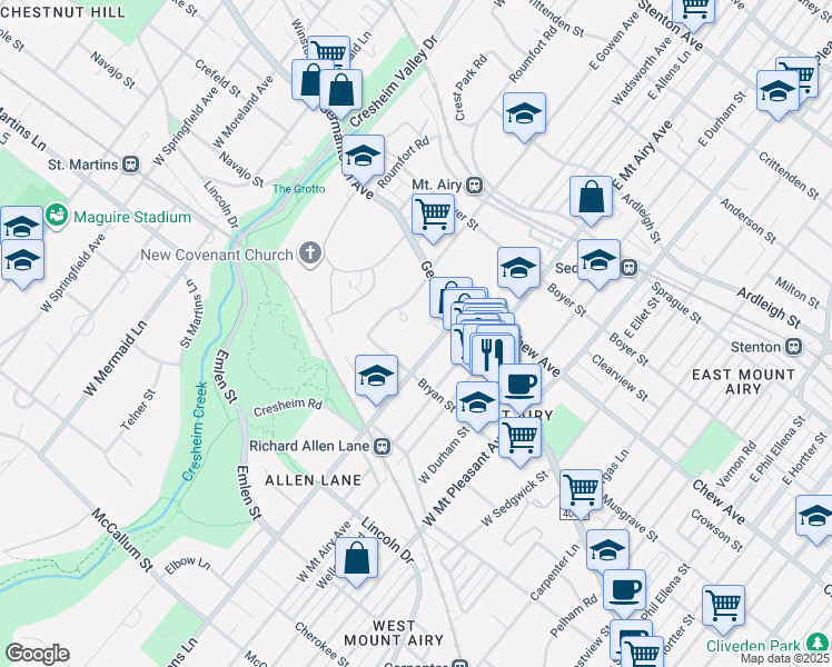 map of restaurants, bars, coffee shops, grocery stores, and more near 41 West Allens Lane in Philadelphia