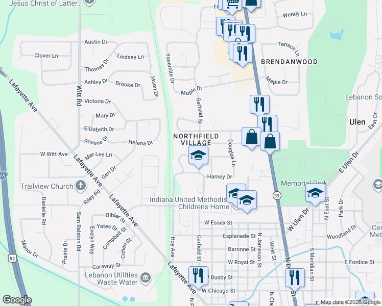 map of restaurants, bars, coffee shops, grocery stores, and more near 1009 Fenley Drive in Lebanon