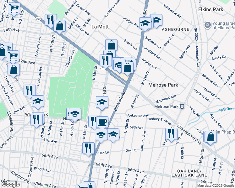 map of restaurants, bars, coffee shops, grocery stores, and more near 1302 71st Ave in Philadelphia
