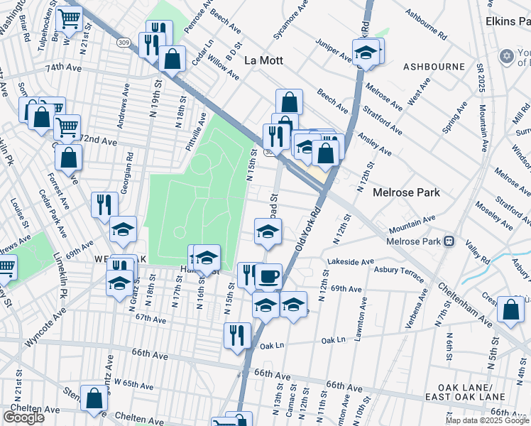 map of restaurants, bars, coffee shops, grocery stores, and more near 7036 North Broad Street in Philadelphia