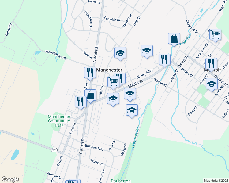 map of restaurants, bars, coffee shops, grocery stores, and more near 147 Maple Street in Manchester