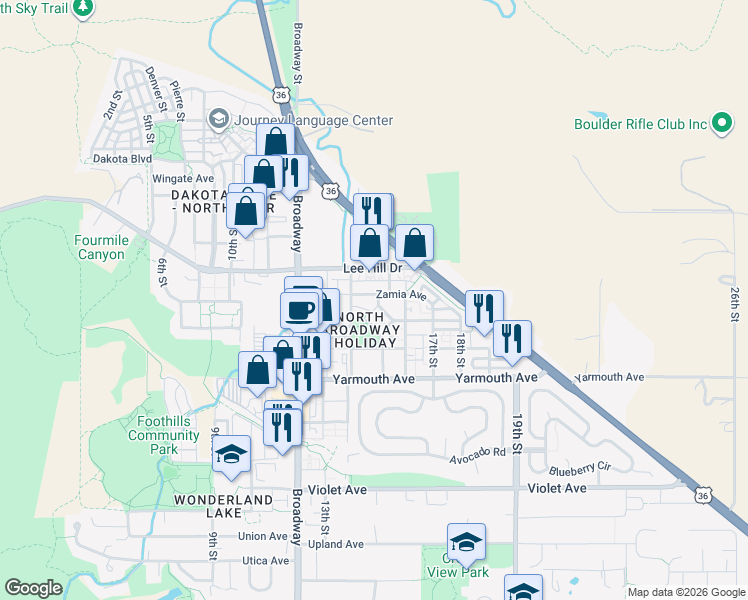 map of restaurants, bars, coffee shops, grocery stores, and more near 1474 Easy Rider Lane in Boulder