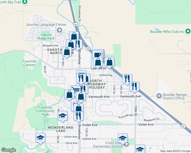 map of restaurants, bars, coffee shops, grocery stores, and more near 1414 Zamia Avenue in Boulder