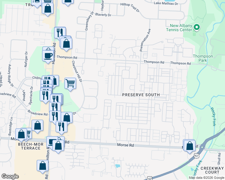 map of restaurants, bars, coffee shops, grocery stores, and more near 3973 Sweet Shadow Avenue in Columbus