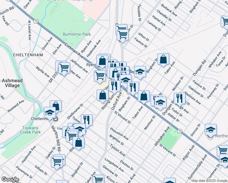 map of restaurants, bars, coffee shops, grocery stores, and more near 7245 Oxford Avenue in Philadelphia
