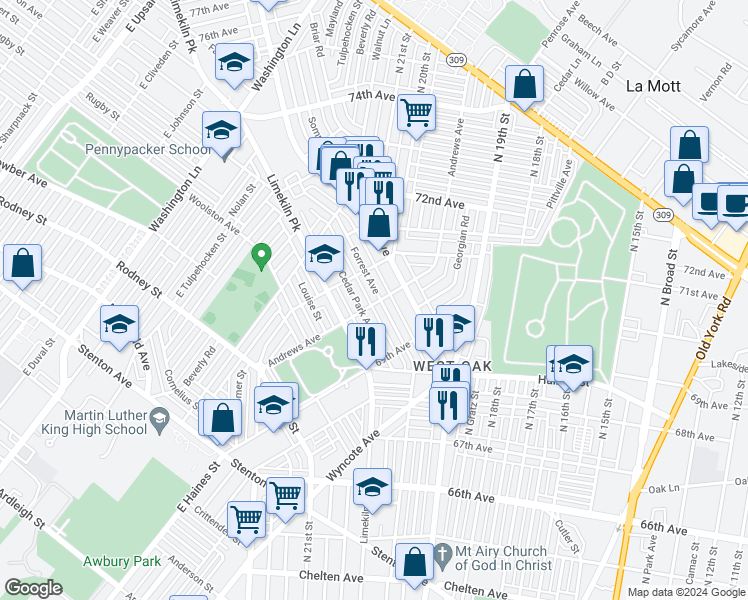 map of restaurants, bars, coffee shops, grocery stores, and more near 7000 Forrest Avenue in Philadelphia