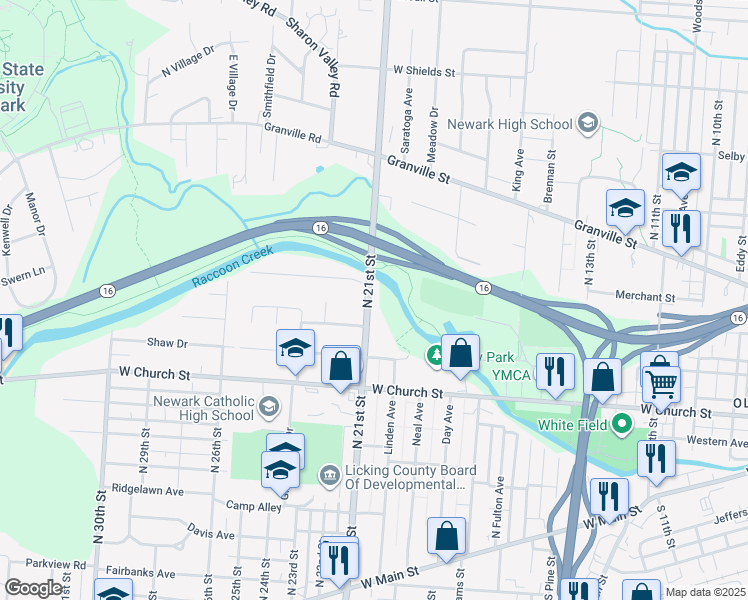 map of restaurants, bars, coffee shops, grocery stores, and more near 330 North 21st Street in Newark
