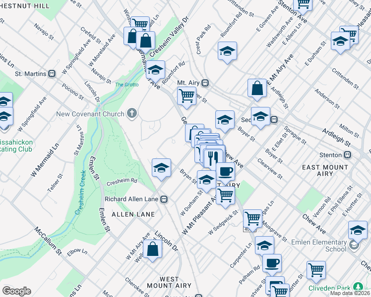 map of restaurants, bars, coffee shops, grocery stores, and more near 41 West Allens Lane in Philadelphia