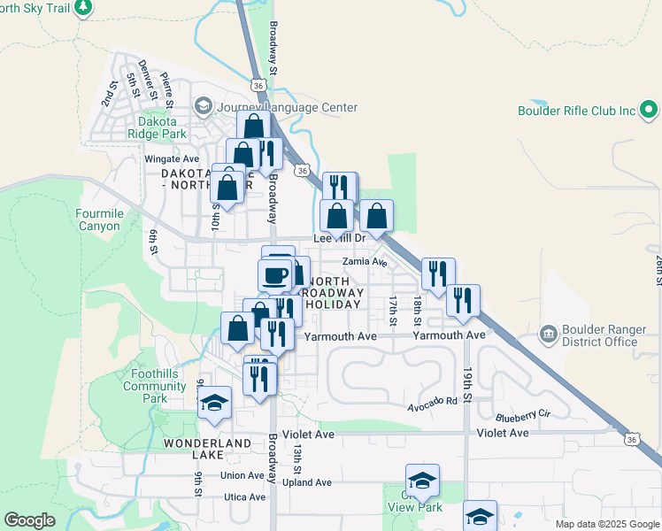 map of restaurants, bars, coffee shops, grocery stores, and more near 1420 Zamia Avenue in Boulder