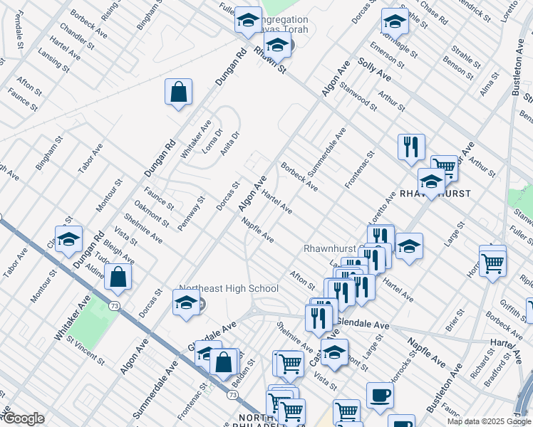 map of restaurants, bars, coffee shops, grocery stores, and more near 7719 Langdon Street in Philadelphia