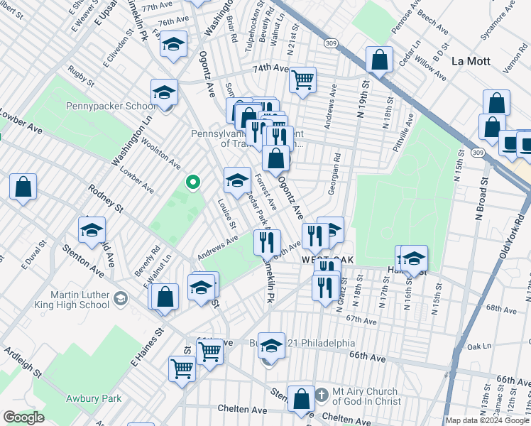 map of restaurants, bars, coffee shops, grocery stores, and more near 7009 Cedar Park Avenue in Philadelphia
