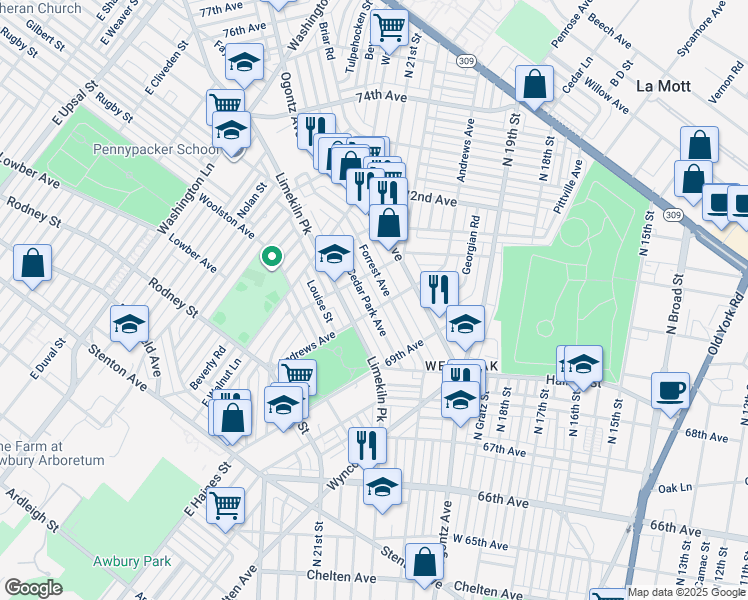 map of restaurants, bars, coffee shops, grocery stores, and more near 7009 Cedar Park Avenue in Philadelphia