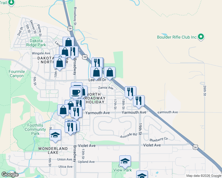 map of restaurants, bars, coffee shops, grocery stores, and more near 4706 16th Street in Boulder