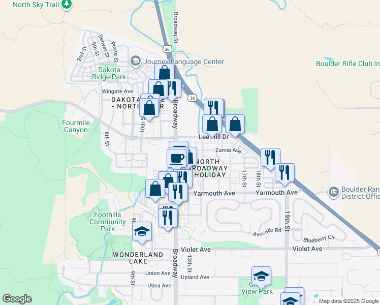 map of restaurants, bars, coffee shops, grocery stores, and more near 4750 Broadway in Boulder
