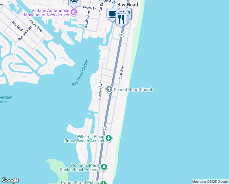 map of restaurants, bars, coffee shops, grocery stores, and more near 27 Goetze Street in Bay Head