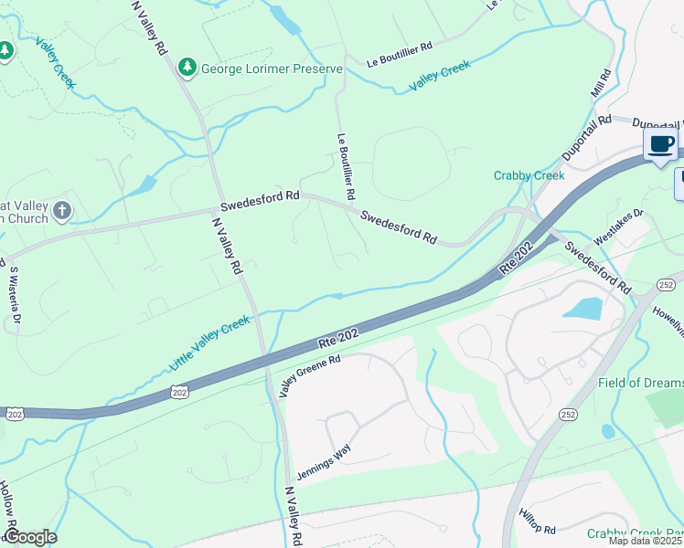 map of restaurants, bars, coffee shops, grocery stores, and more near 1660 Hidden Way in Malvern
