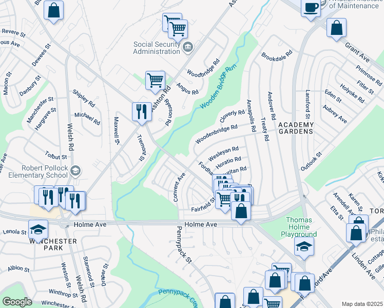 map of restaurants, bars, coffee shops, grocery stores, and more near 9202 Woodenbridge Road in Philadelphia