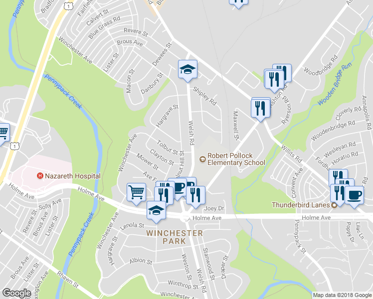 map of restaurants, bars, coffee shops, grocery stores, and more near 2763 Tolbut Street in Philadelphia