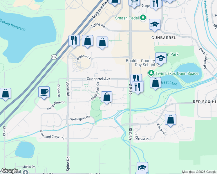 map of restaurants, bars, coffee shops, grocery stores, and more near 6158 Habitat Drive in Boulder