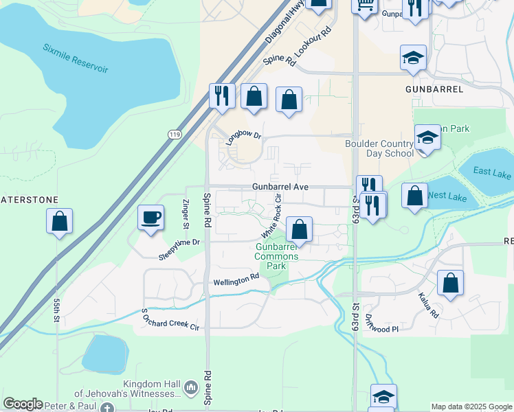 map of restaurants, bars, coffee shops, grocery stores, and more near 4879 White Rock Circle in Boulder