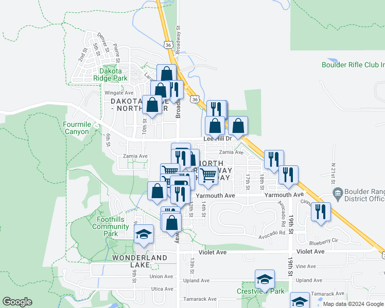 map of restaurants, bars, coffee shops, grocery stores, and more near 4750 Broadway in Boulder