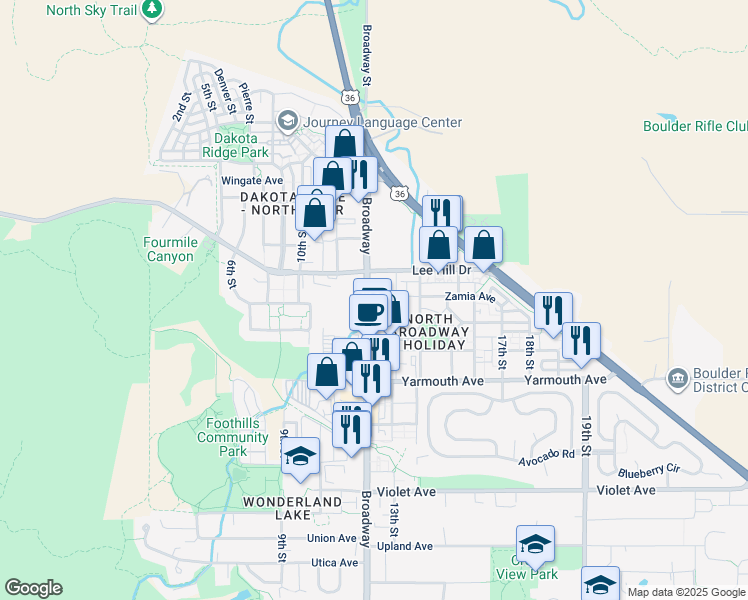 map of restaurants, bars, coffee shops, grocery stores, and more near 4730 Broadway in Boulder