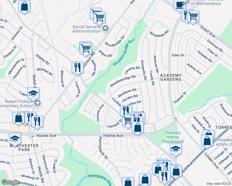 map of restaurants, bars, coffee shops, grocery stores, and more near 9207 Convent Avenue in Philadelphia