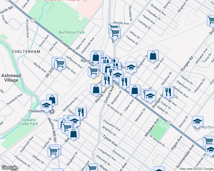 map of restaurants, bars, coffee shops, grocery stores, and more near 7245 Oxford Avenue in Philadelphia