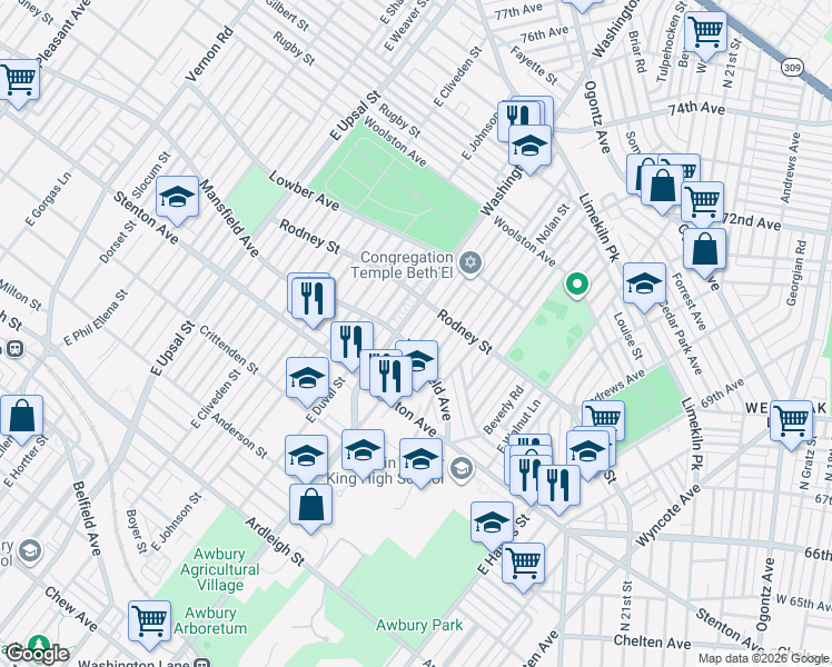 map of restaurants, bars, coffee shops, grocery stores, and more near 1505 Mayland Street in Philadelphia