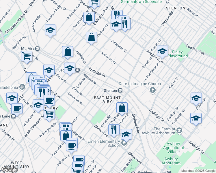 map of restaurants, bars, coffee shops, grocery stores, and more near 6752 Blakemore Street in Philadelphia