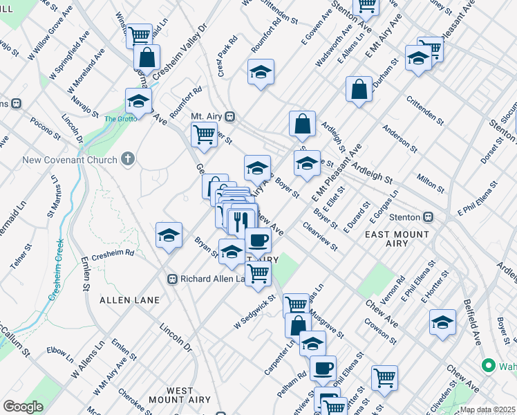 map of restaurants, bars, coffee shops, grocery stores, and more near 7129 Chew Avenue in Philadelphia