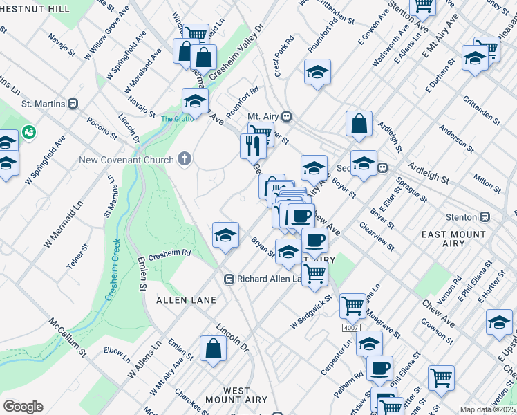 map of restaurants, bars, coffee shops, grocery stores, and more near 41 West Allens Lane in Philadelphia