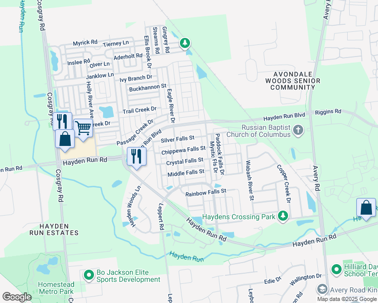 map of restaurants, bars, coffee shops, grocery stores, and more near 5570 Crystal Falls Street in Hilliard