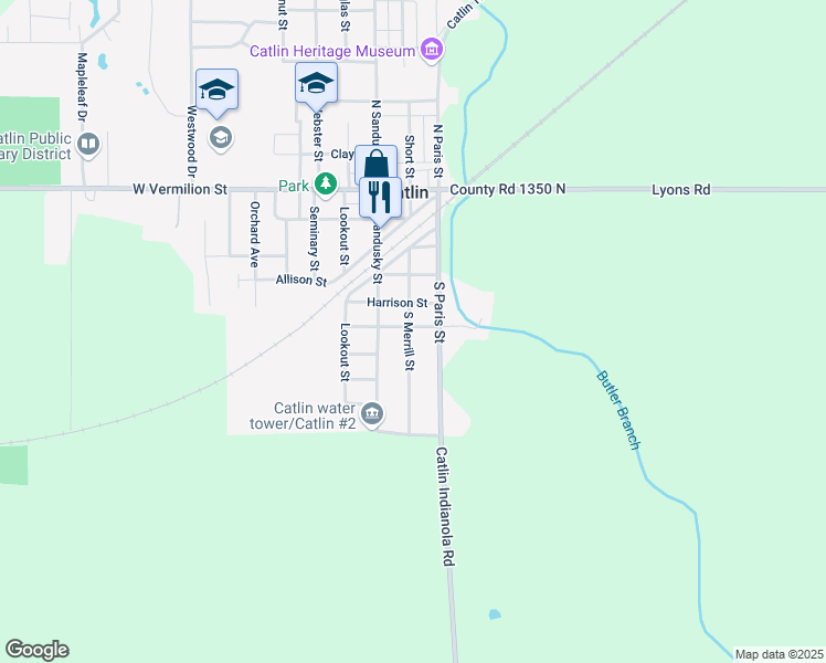 map of restaurants, bars, coffee shops, grocery stores, and more near 418 South Merrill Street in Catlin