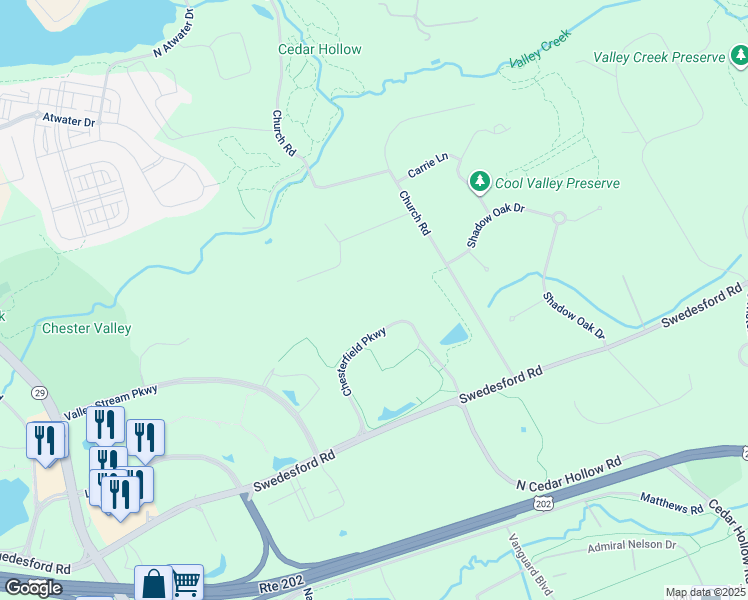 map of restaurants, bars, coffee shops, grocery stores, and more near 300 Chesterfield Parkway in Malvern