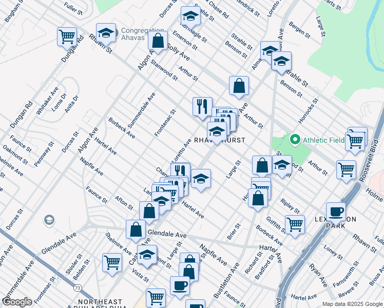 map of restaurants, bars, coffee shops, grocery stores, and more near 1910 Loney Street in Philadelphia