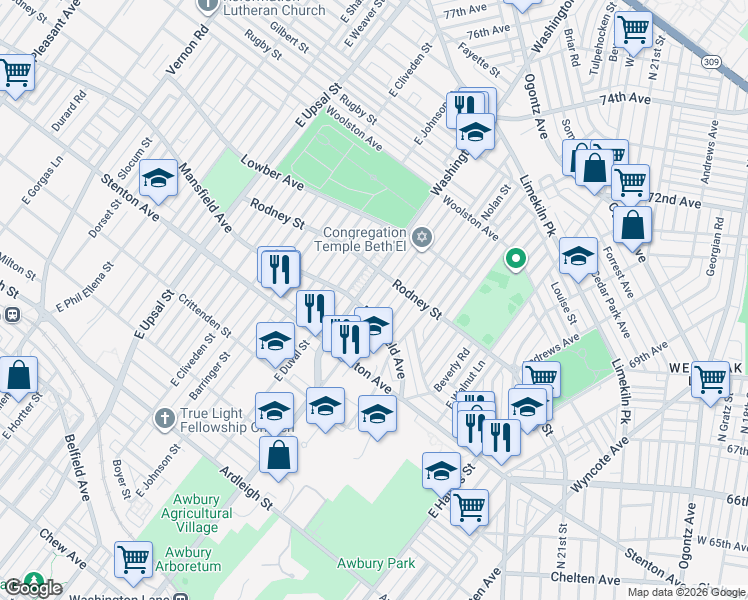 map of restaurants, bars, coffee shops, grocery stores, and more near 1505 Mayland Street in Philadelphia
