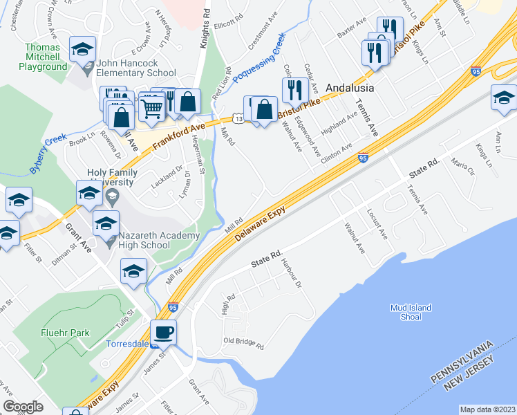 map of restaurants, bars, coffee shops, grocery stores, and more near 445 Mill Road in Andalusia