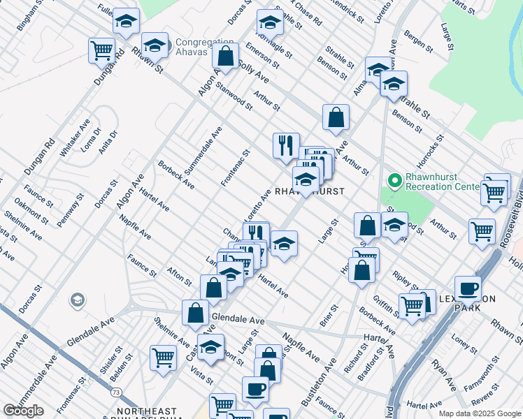 map of restaurants, bars, coffee shops, grocery stores, and more near 7919 Loretto Avenue in Philadelphia