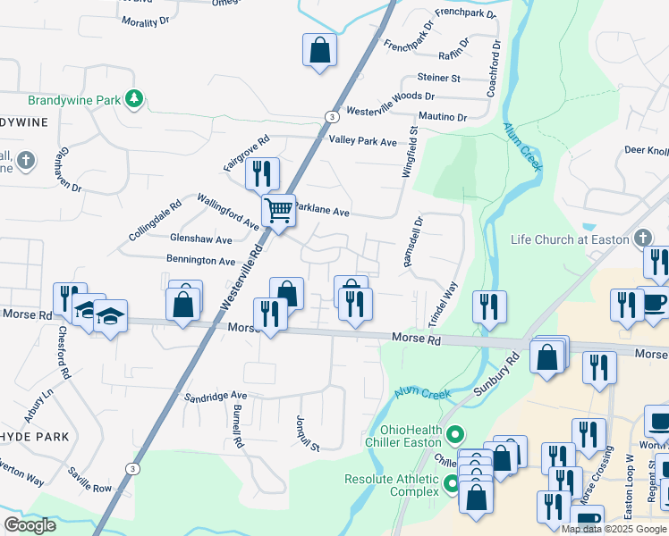 map of restaurants, bars, coffee shops, grocery stores, and more near 4348 Cricket Place in Columbus