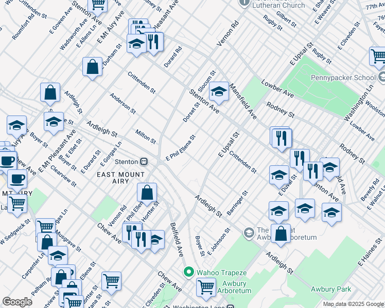 map of restaurants, bars, coffee shops, grocery stores, and more near 6651 Anderson Street in Philadelphia